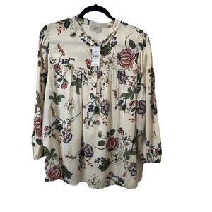 Loft Cream Blue Red Floral Half Button Long Sleeve Boho Top Womens Size L NEW